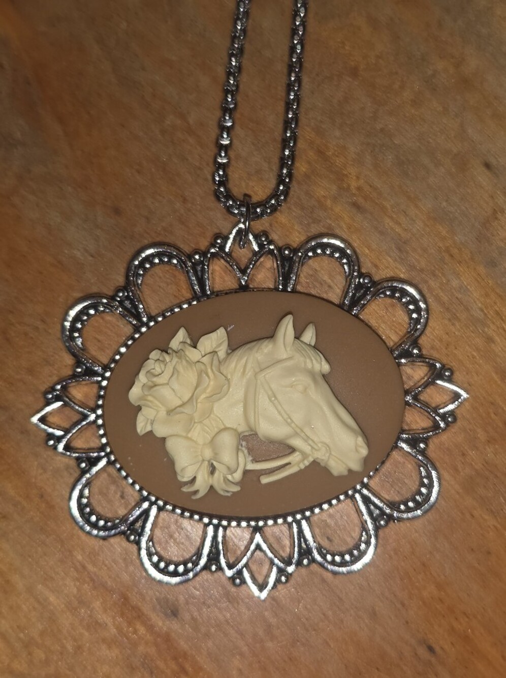 Horse Cameo Pendant In Silver Tone Frame W Stainless Steel Chaun Necklace